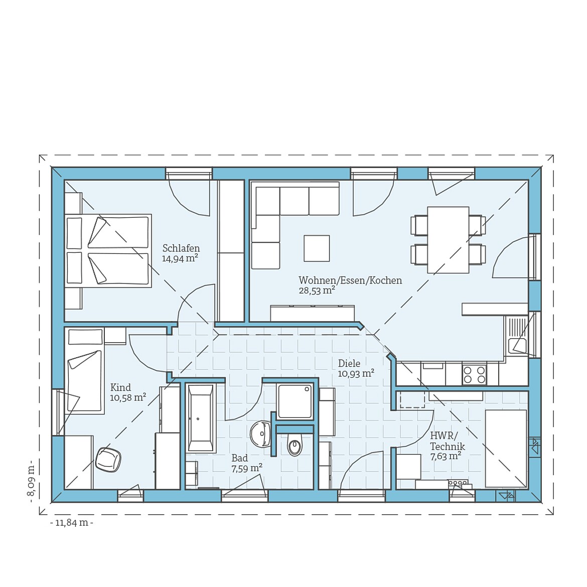 Fertighaus Bungalow 80: Grundriss EG - Hanse Haus Fertighaus Bungalow 80: Grundriss EG