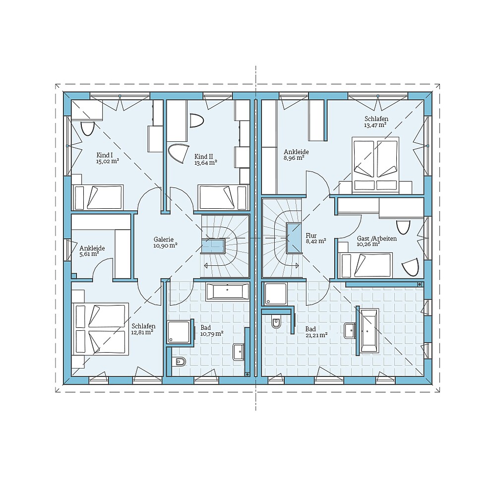 Obergeschoss Fertighaus Doppelhaus 137/126: Grundriss OG