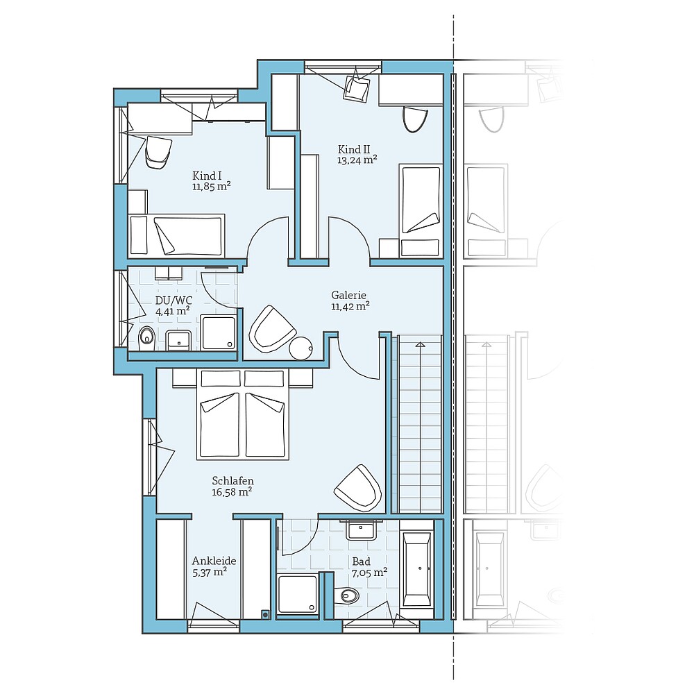 Obergeschoss Fertighaus Doppelhaus 144: Grundriss OG