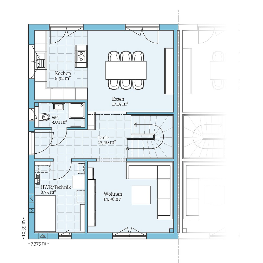 Ground floor Fertighaus Doppelhaus 45-123: Grundriss EG